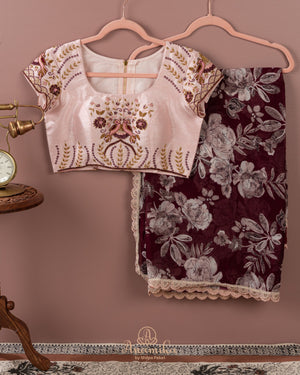 Brown Floral Chinnon saree with a contrast beige handwork blouse