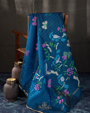 Muslin jamdaani saree in a beautiful peacock blue shade