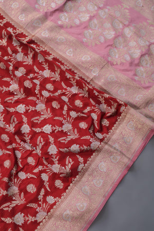 Rich Red and Blush Banarasi Silk Saree