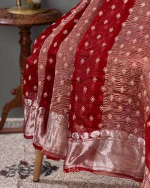 Deep Red crush tissue saree with a designer work blouse