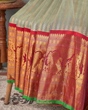 Vibrant Gadwal Kanchi Saree in a unique combo of light grey with maroon red