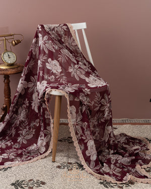 Brown Floral Chinnon saree with a contrast beige handwork blouse