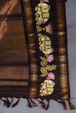 Yellow Gadwal Pattu saree with brown border and tanjore painting