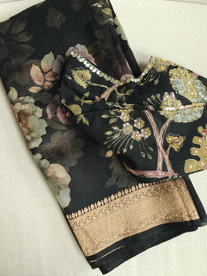 Elegant Black Organza saree with dreamy floral prints
