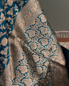 Dark Blue Banarasi Silk Saree with contrast maroon red blouse