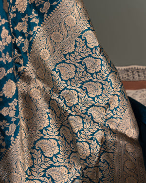 Dark Blue Banarasi Silk Saree with contrast maroon red blouse