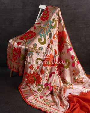 Orange Tusser Georgette saree with all over floral and paithani weave