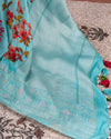 Pure Banarasi Silk Saree in blue with digital floral prints