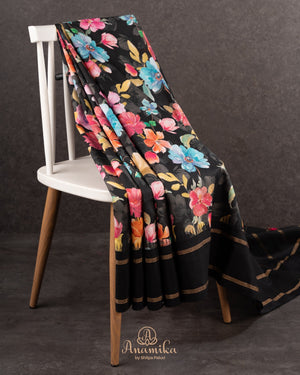 Floral kanchi soft silk saree in lovely black shade