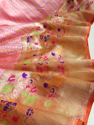 Peach Pink Banarasi saree with beautiful floral meena border