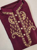Maroon rawsilk kurta with heavy zardosi embroidery on neckline