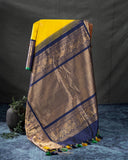Gadwal Pattu saree in mustard yellow and navy blue