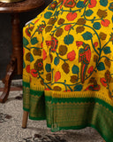 Yellow Gadwal saree with pen kalamkari print