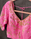 Gold kanjeevaram with contrast pink border and maggam work border