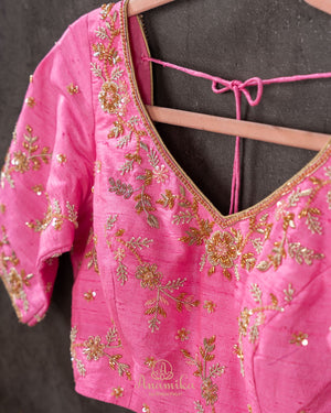 Gold kanjeevaram with contrast pink border and maggam work border
