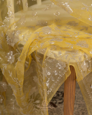 Yellow pure organza saree with all over work