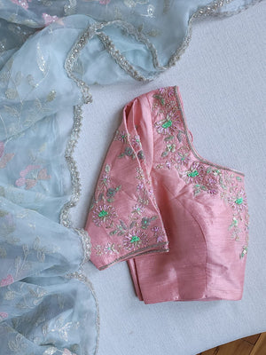 Light pastel blue pure organza saree with all over work