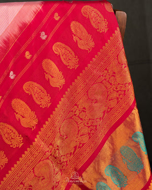 Pink Gadwal tissue saree with a contrast red border