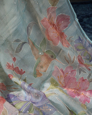 Tissue organza saree with hand painted floral appliq work