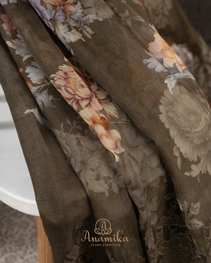 Olive green Handloom Lenin saree with digital floral prints