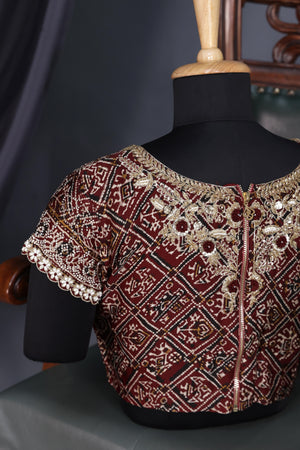 Deep wine modal silk ajrak saree with hand work border