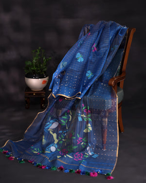 Dark blue muslin jamdaani saree with inter woven sequins