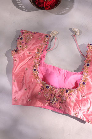 Peach short sleeves blouse with zardosi work