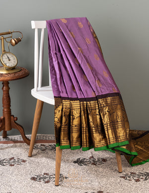Lavender Gadwal Saree with a contrast coffee color border