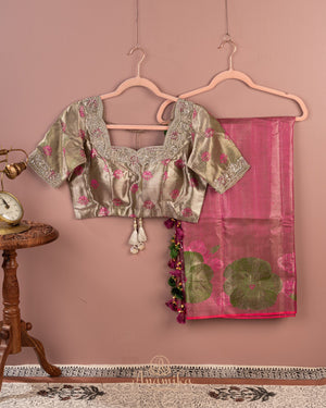 Designer Kanjeevaram saree in pink with floral woven motifs