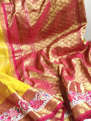 Mustard kanjeevaram saree in mustard with thread work border