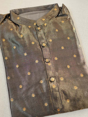 A tissue silk kurta in dark cement grey with Zari woven buttas