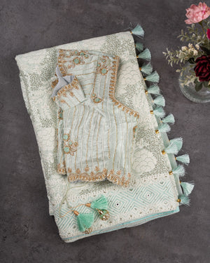 Chikankari georgette saree in light powder blue with beautifully woven sequins