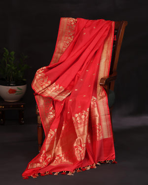 Raw Mango saree in red paired with a pink blouse