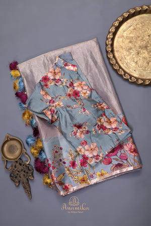Pastel Blue Bloom Tissue Silk Saree