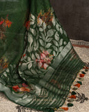 Dark forest green Handloom Lenin saree with digital floral prints