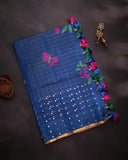 Dark blue muslin jamdaani saree with inter woven sequins
