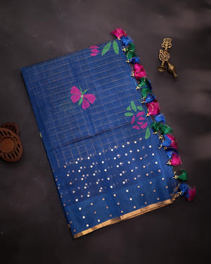 Dark blue muslin jamdaani saree with inter woven sequins