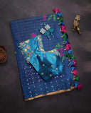 Dark blue muslin jamdaani saree with inter woven sequins