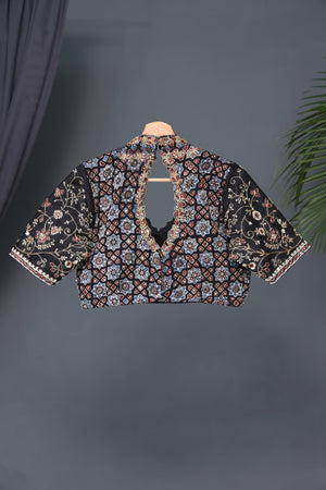 Black Ajrak blouse with intricately designed handwork