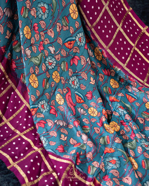 Kalamkari and Bandini fusion on modal silk