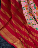 Mysore crepe silk saree in a lovely color combo of peach and crimson red