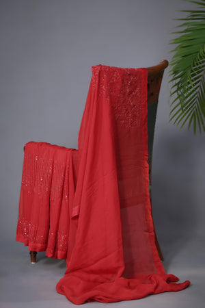 Fiery Red Georgette Cocktail Saree