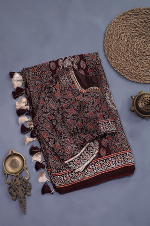 Earthy brown ajrak saree with swaroski stone work