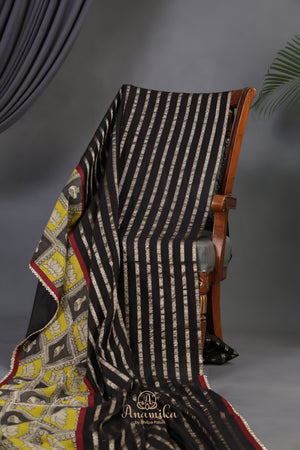 Black Chanderi Silk Saree with hand painted kalamkari border