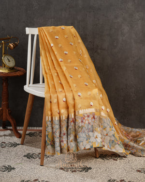 Yellow Organza Saree with Floral Printed Border