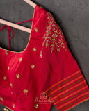 Pure silk blouse in tomato red with patola silk sleeves