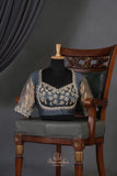 Kalamkari printed organza saree in dark grey