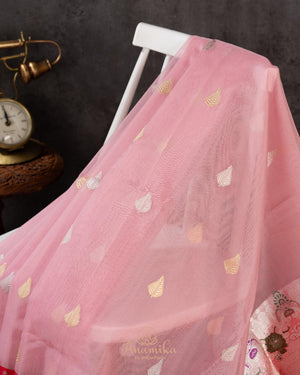 Pink Banarasi kora with a beautiful contrast red meenakari floral border