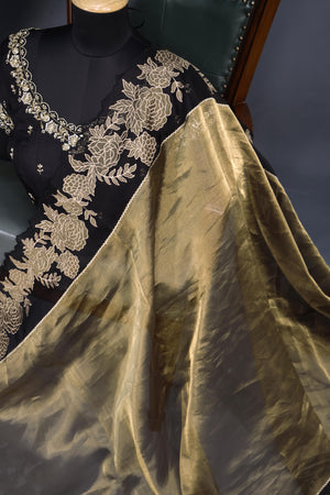 Banarasi tissue saree in stunning black and antique gold combo