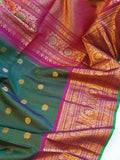 Peacock Green Gadwal Kanchi Saree with a magenta pink border